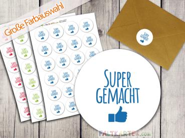 Aufkleber - Sticker 24 Stück "Super gemacht" 4cm ø Farbauswahl