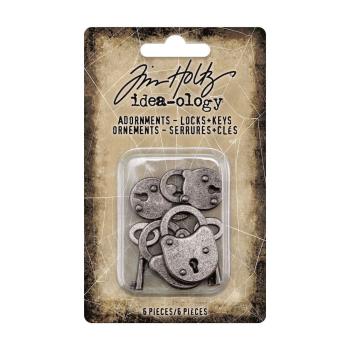 Tim Holtz - Idea Ology "Halloween Adornments Locks & Keys" - Metall Charms Schloss mit Schlüssel