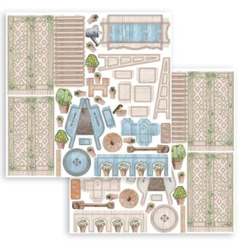 Stamperia - Designpapier "Romantic Garden House" Pop Up Kit 12x12 Inch - 2 Bogen