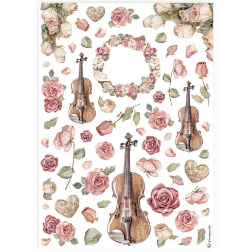 Stamperia - Decopatch Papier "Violins and Roses" Decoupage A4 - 6 Bogen  