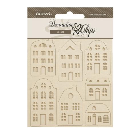 Stamperia - Holzteile 14x14 cm "Cozy Houses" Decorative Chips