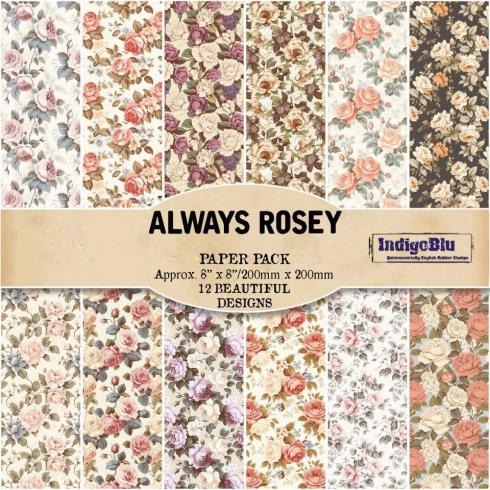IndigoBlu - Designpapier "Always Rosey" Paper Pack 8x8 Inch - 12 glänzende Bogen