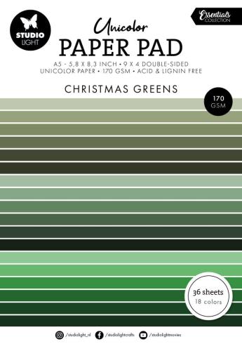 Studio Light - Cardstock "Christmas Greens" Unicolor Paper Pad A5 - 36 Bogen