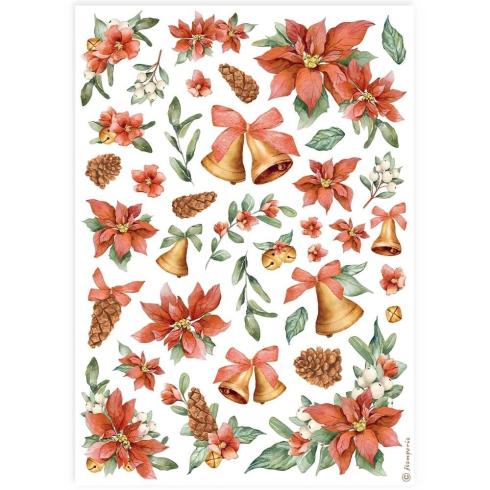 Stamperia - Decopatch Papier "Poinsettia and Bells" Decoupage A4 - 6 Bogen  