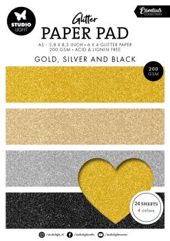 Studio Light - Glitzerpapier "Gold, Silver, Black" Glitter Paper Pad A5 - 24 Bogen