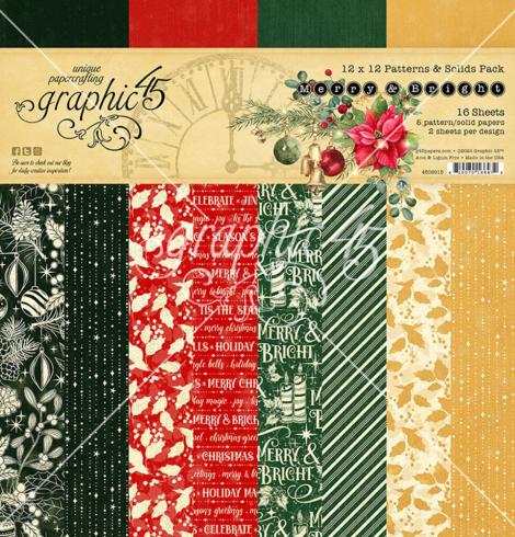 Graphic 45 - Designpapier "Merry & Bright" Patterns & Solid Pad 12x12 Inch - 16 Bogen