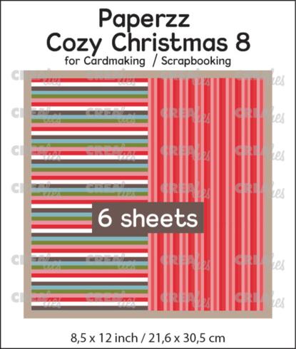 Crealies - Designpapier "Cozy Christmas No. 8 Lines + Red Stripes" Paperzz Paper Pack  21,6x30,5 cm - 6 Bogen