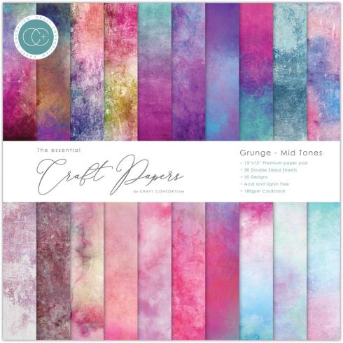 Craft Consortium - Designpapier "Grunge - Mid Tones" Paper Pad 12x12 Inch - 30 Bogen