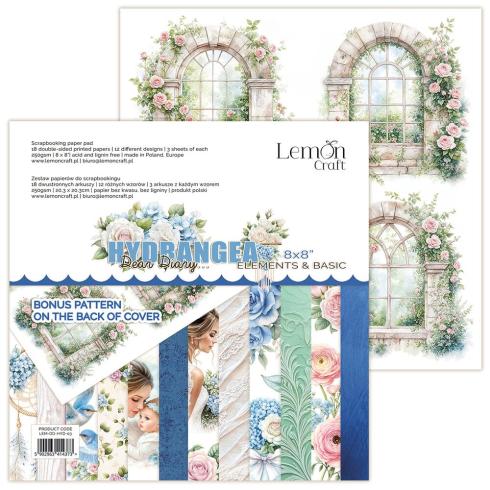 LemonCraft - Designpapier "Dear Diary Hydrangea" Elements & Basic Paper Pad 8x8 Inch - 18 Bogen