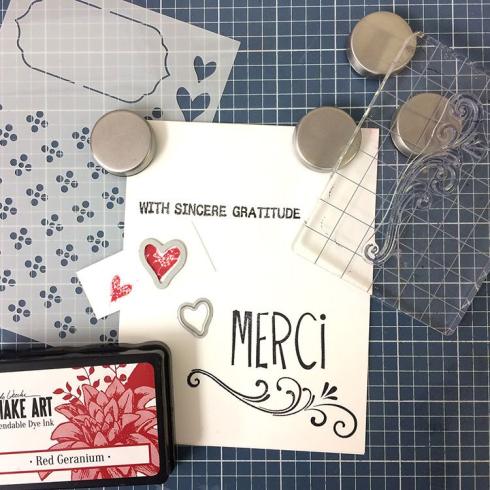 Ranger - Stempelset, Stanzschablone & Schablone "Merci & more" Make Art Stamp, Dies & Stencil