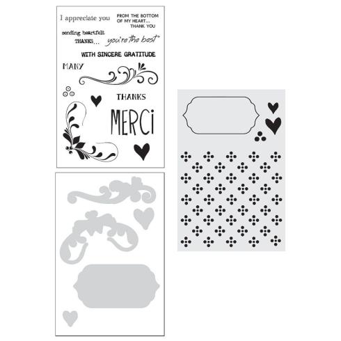 Ranger - Stempelset, Stanzschablone & Schablone "Merci & more" Make Art Stamp, Dies & Stencil