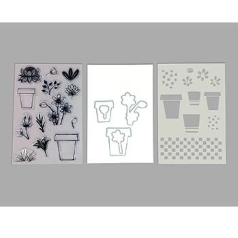 Ranger - Stempelset, Stanzschablone & Schablone "Flower pot" Make Art Stamp, Dies & Stencil