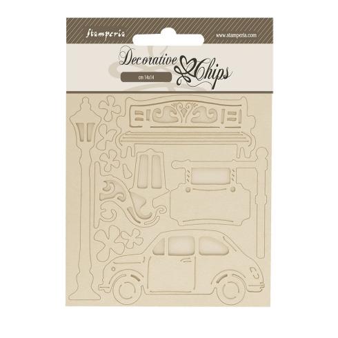 Stamperia - Holzteile 14x14 cm "Car" Decorative Chips