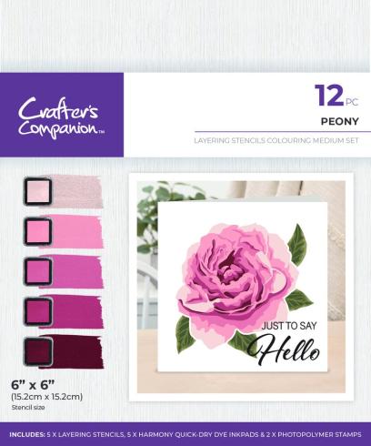 Crafters Companion - Schablone, Stempel & Stempelkissen "Peony" Layering Stencils Colouring Set