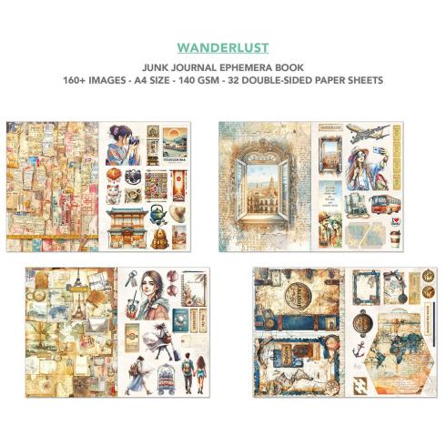 Ciao Bella - Designpapier & Stanzteile "Wanderlust" Junk Journal Ephemera Book A4 - 32 Bogen