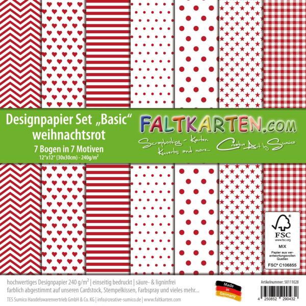 Designpapier 12"x12" 170gr "Basic Set" in weihnachtsrot