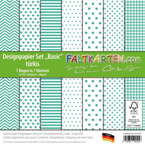 Designpapier 12"x12" 170gr "Basic Set" in türkis