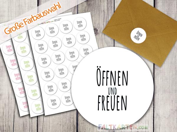 Aufkleber - Sticker 24 Stück "Öffnen Freuen" 4cm ø Farbauswahl