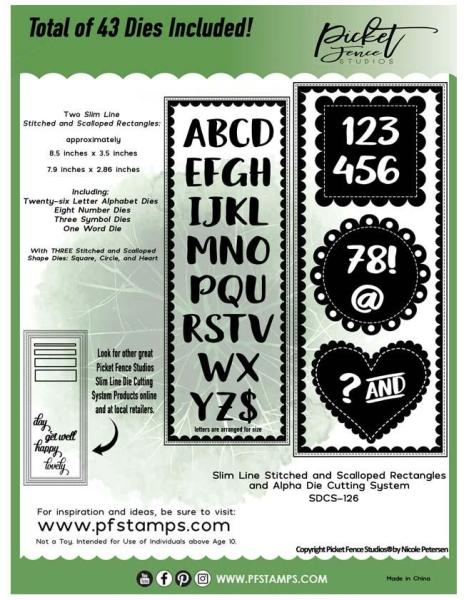 Picket Fence Studios Stitched and Scalloped Rectangles and Alpha Slim Die (SDCS-126)