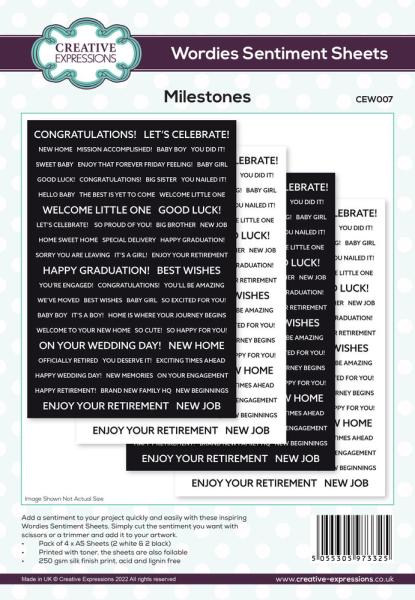 Creative Expressions - Embesllishment - Wordies Sentiment Sheets 6x8 Inch Milestones