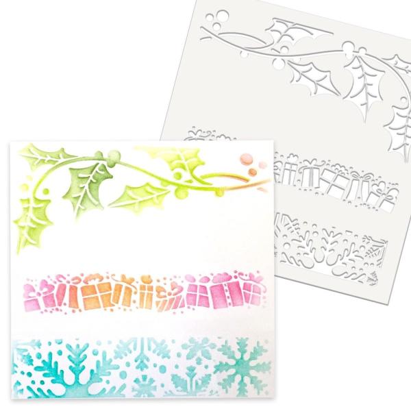 Polkadoodles  -Stencil - " Christmas Holly Gift Snow "  3-in-1 Schablone 