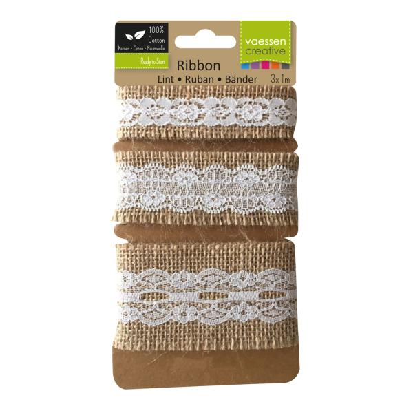 Vaessen Creative -  Naturband -  Assortiment Juten Band/Lace Naturel/Ivory - Ribbon 