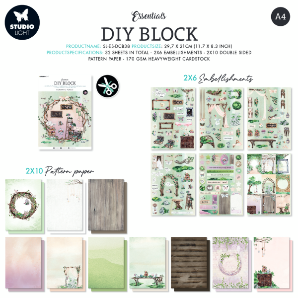 Studio Light - Designpapier - Stanzteile "Romantic Forest" DIY Block A4 - 36 Bogen