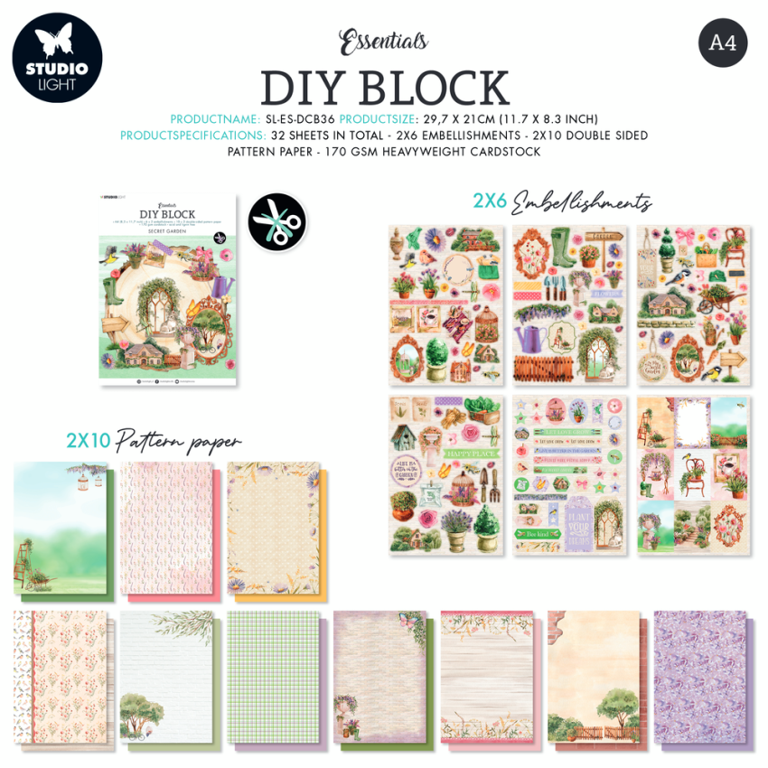 Studio Light - Designpapier - Stanzteile "Secret Garden" DIY Block A4 - 32 Bogen