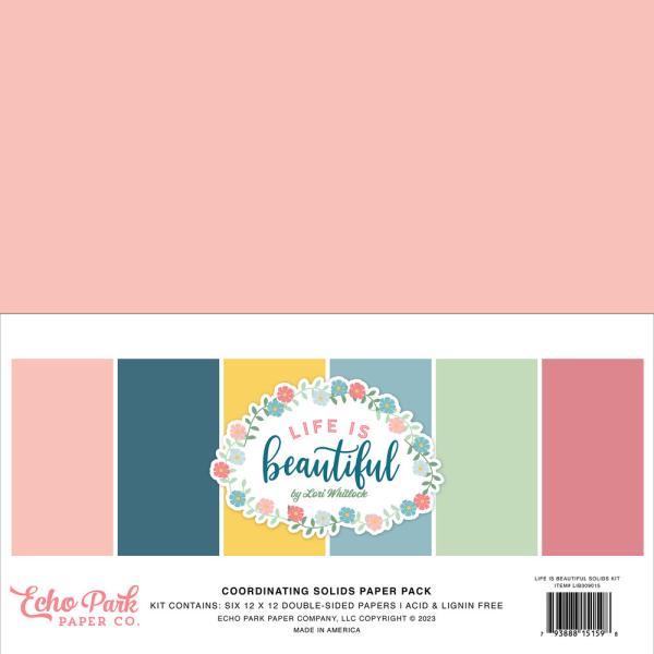 Echo Park - Cardstock "Life Is Beautiful" Coordinating Solids Paper 12x12 Inch - 6 Bogen 