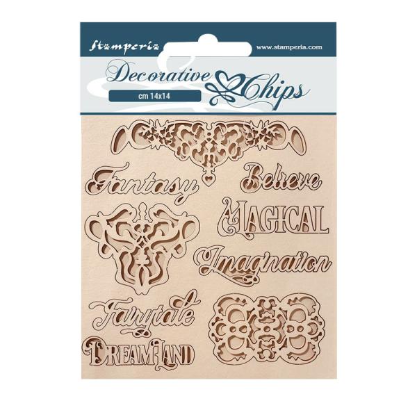 Stamperia - Holzteile 14x14 cm "Writing And Plates" Decorative Chips