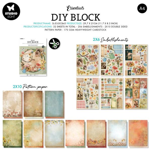 Studio Light - Designpapier - Stanzteile "Aged Wildflowers " DIY Block A4 - 32 Bogen