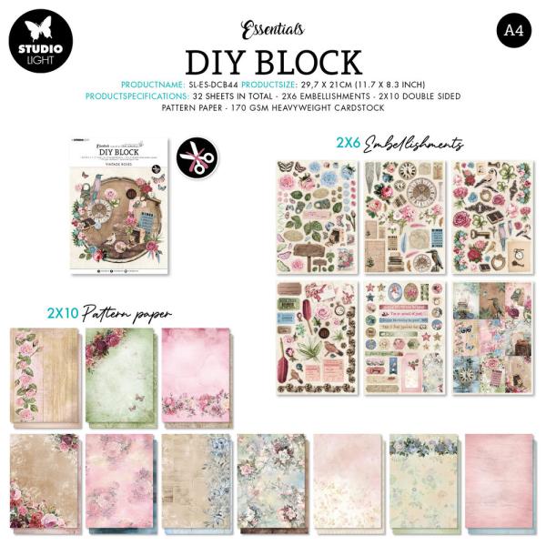 Studio Light - Designpapier - Stanzteile "Vintage Roses " DIY Block A4 - 32 Bogen