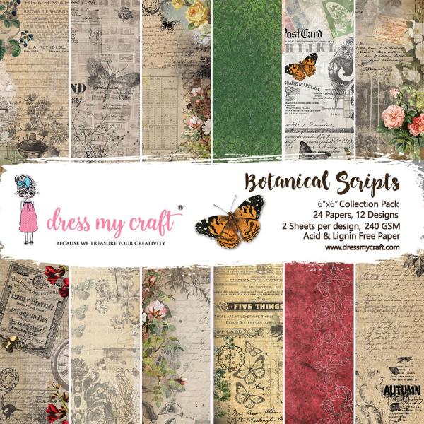 Dress My Craft - Designpapier "Botanical Scripts" Paper Pack 6x6 Inch - 24 Bogen