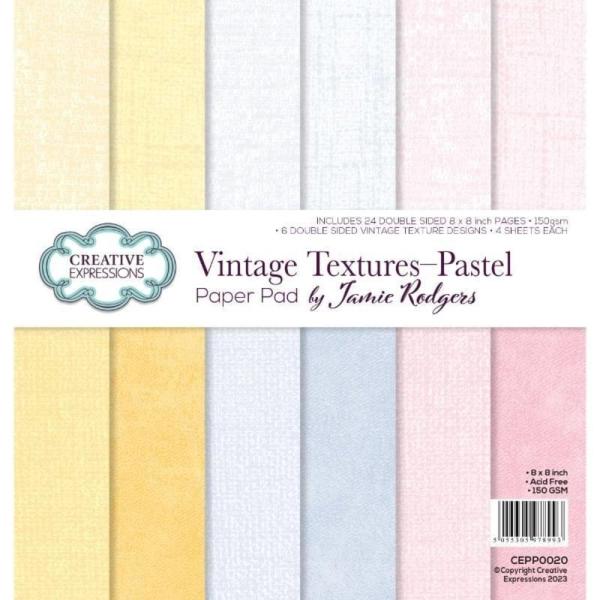 Creative Expressions - Cardstock "Vintage Textures Pastel" Paper Pack 8x8 Inch - 24 Bogen  