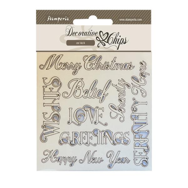 Stamperia - Holzteile 14x14 cm "Christmas Writings" Decorative Chips