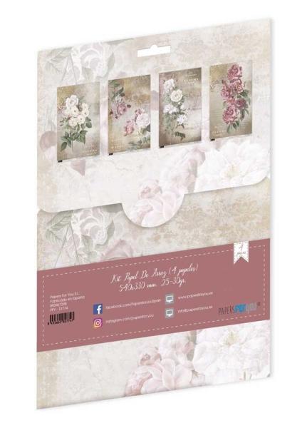 Paper For you - Decoupage Papier "La Vie En Fleurs Roses" Rice Paper Kit - 4 Bogen