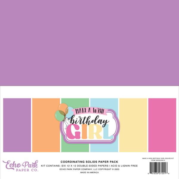 Echo Park - Cardstock "Make A Wish Birthday Girl" Coordinating Solids Paper 12x12 Inch - 6 Bogen 