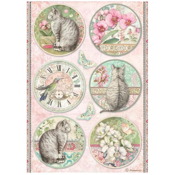 Stamperia - Decopatch Papier "Orchids and Cats 6 Rounds" Decoupage A4 - 6 Bogen  