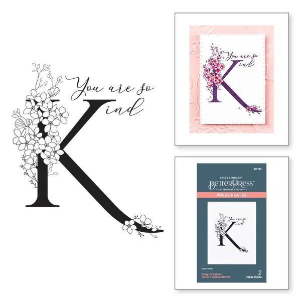 Spellbinders - Buchdrucktechnik "Every Occasion Floral K and Sentiment" Press Plate