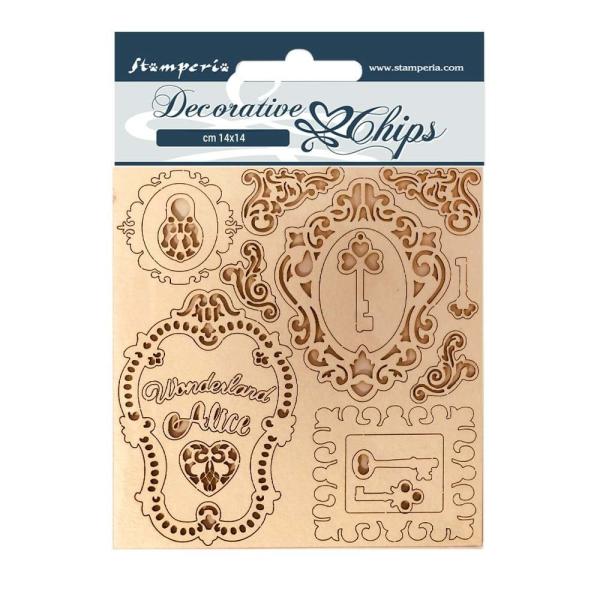 Stamperia - Holzteile 14x14 cm "Alice Keys and Frames" Decorative Chips