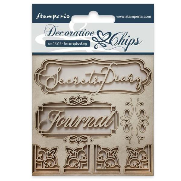 Stamperia - Holzteile 14x14 cm "Secret Diary" Decorative Chips