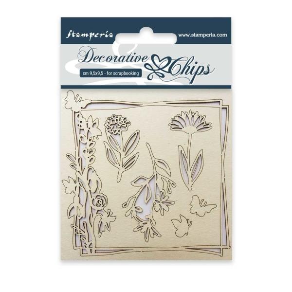 Stamperia - Holzteile 9,5x9,5 cm "Flowers and Butterfly" Decorative Chips