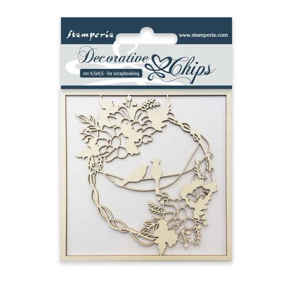 Stamperia - Holzteile 9,5x9,5 cm "Garland with Birds" Decorative Chips