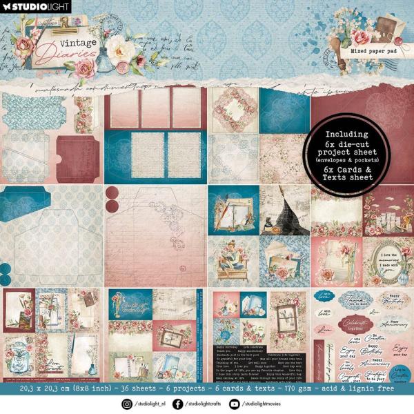 Studio Light - Designpapier 20,3x20,3cm "Vintage Diaries" Mixed Paper Pad - 36 Bogen 