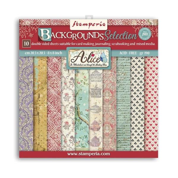 Stamperia - Designpapier "Alice Backgrounds" Paper Pack 8x8 Inch - 10 Bogen