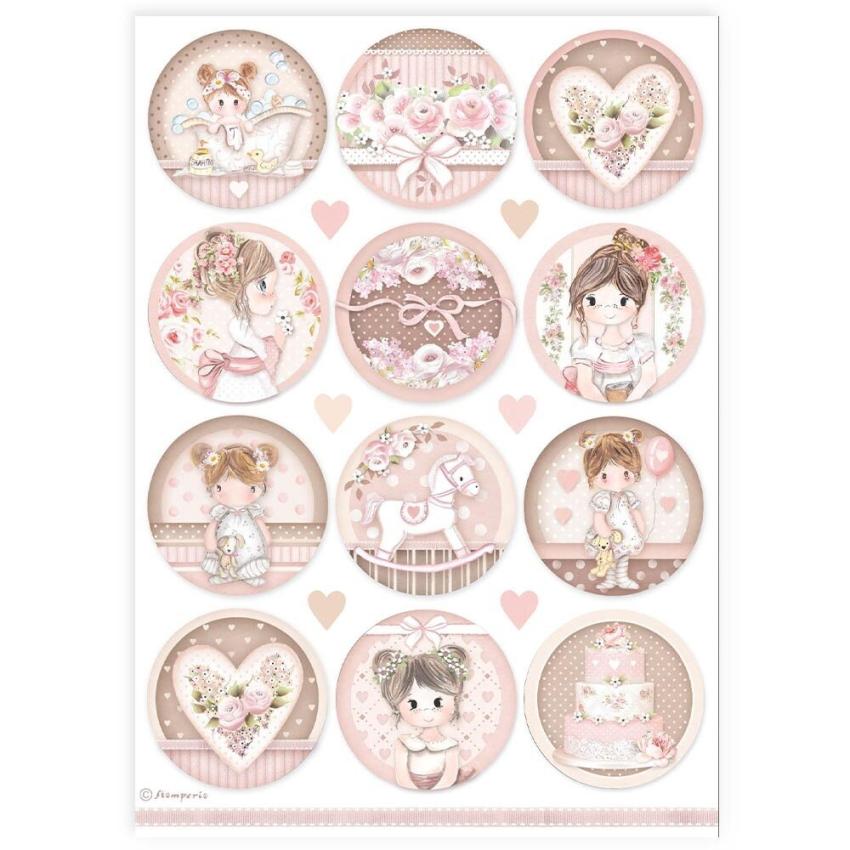 Stamperia - Decopatch Papier "Baby Girl Rounds" Decoupage A4 - 6 Bogen  