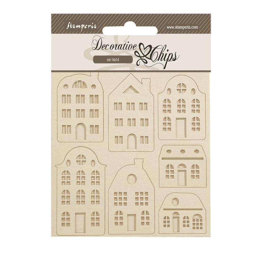 Stamperia - Holzteile 14x14 cm "Cozy Houses" Decorative Chips