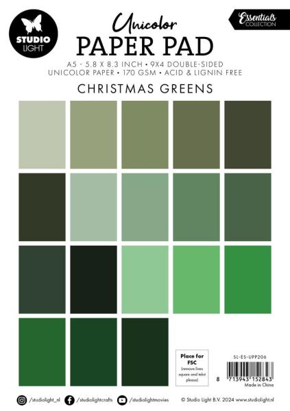 Studio Light - Cardstock "Christmas Greens" Unicolor Paper Pad A5 - 36 Bogen