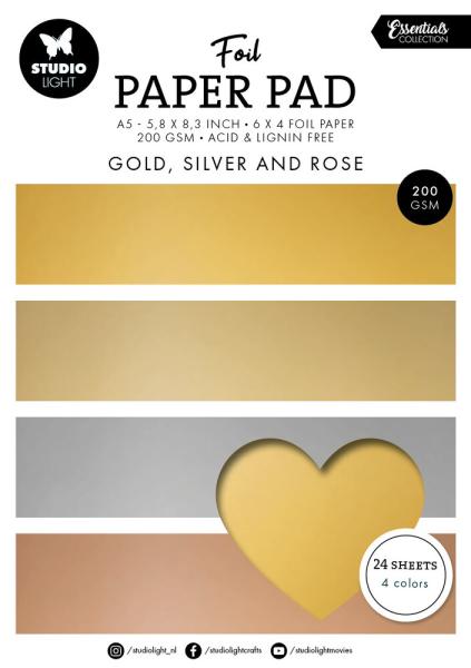 Studio Light - Metallicpapier "Gold, Silver And Rose" Foil Paper Pad A5 - 24 Bogen