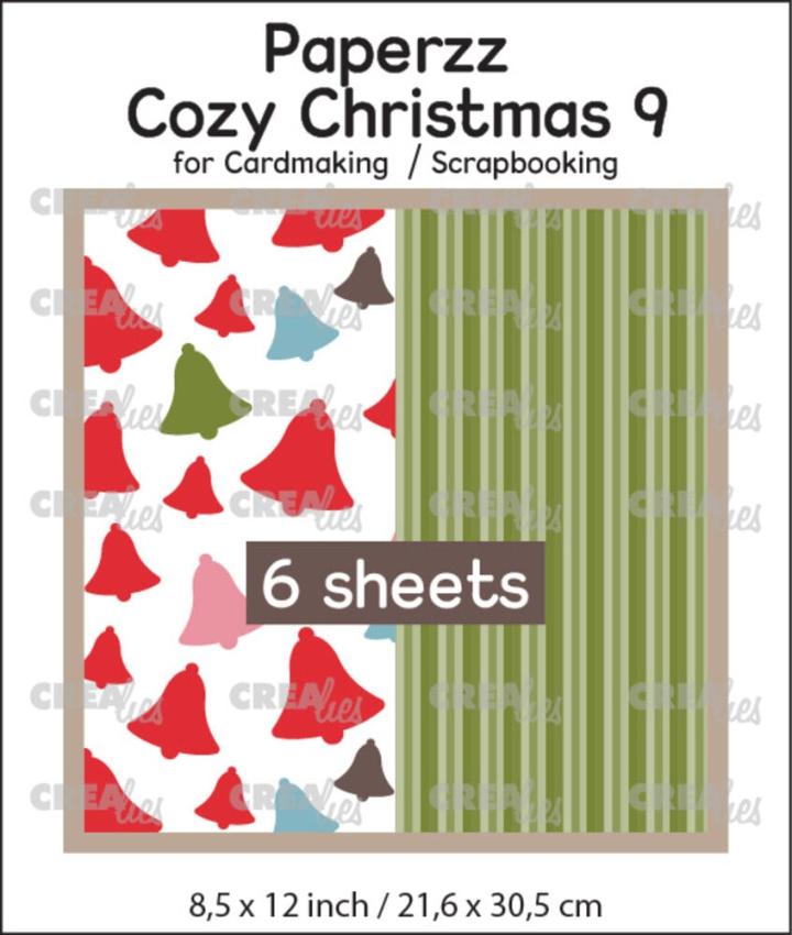 Crealies - Designpapier "Cozy Christmas No. 9 Bells + Green Stripes" Paperzz Paper Pack  21,6x30,5 cm - 6 Bogen